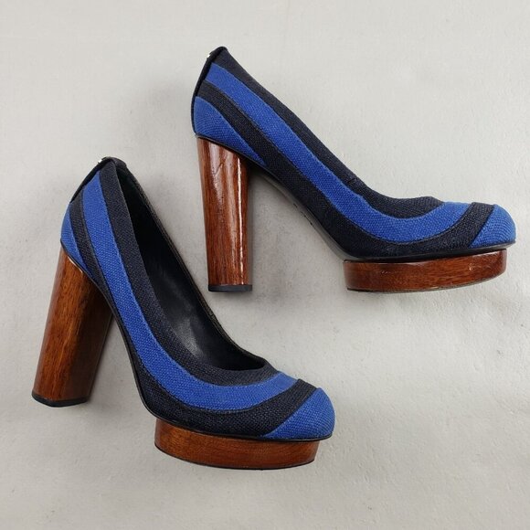 Tory Burch Joelle Wooden Heel Womens 6.5 Blue Fabric Slip On Platform Chunky - Picture 2 of 12
